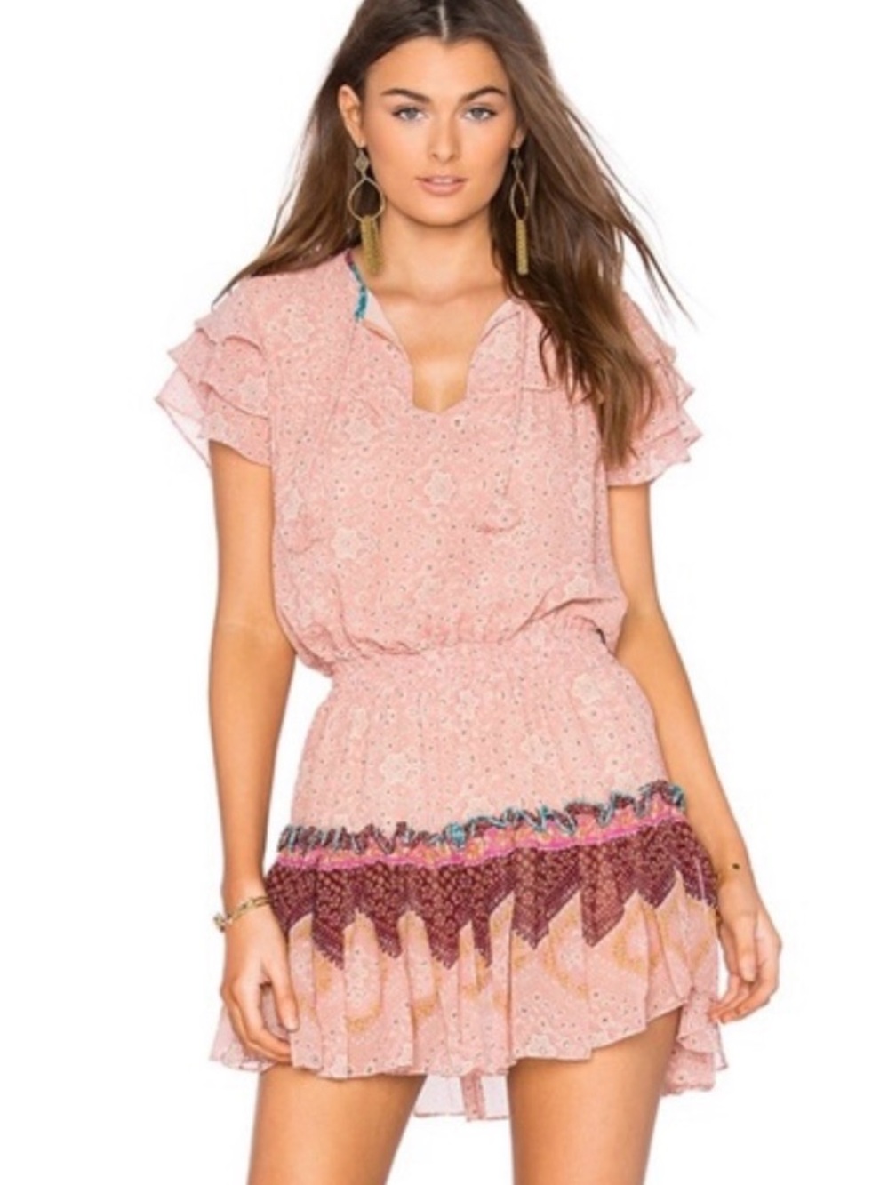 Misa Los Angeles Pink Tiered Mini Dress with Embroidered Skirt